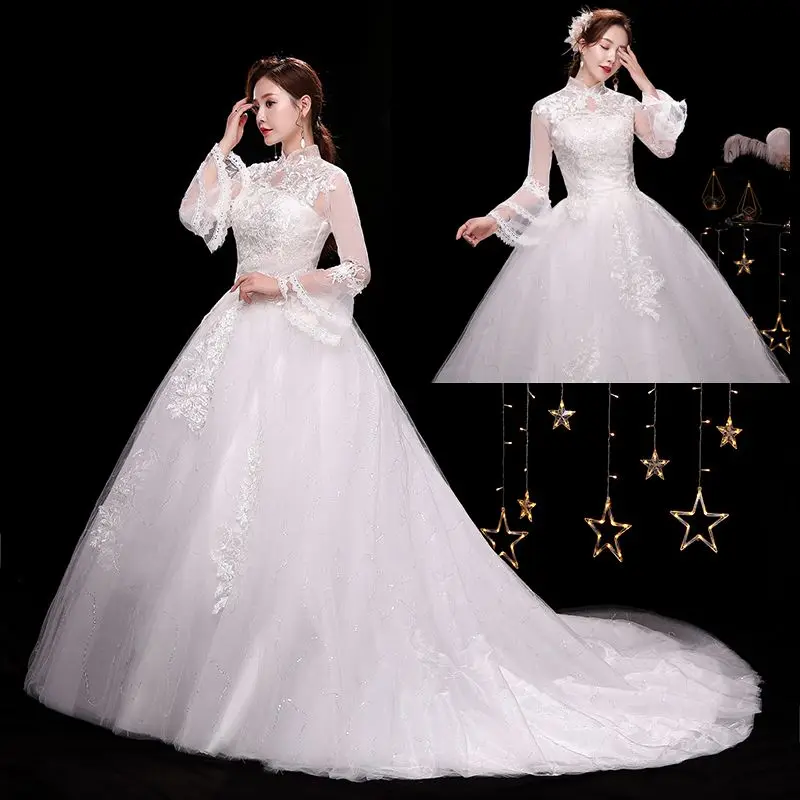 

Applqiues Vestido De Noiva Customized HIGH Neck Vestidos De Novia Flare Sleeve Lace Up Wedding Dresses