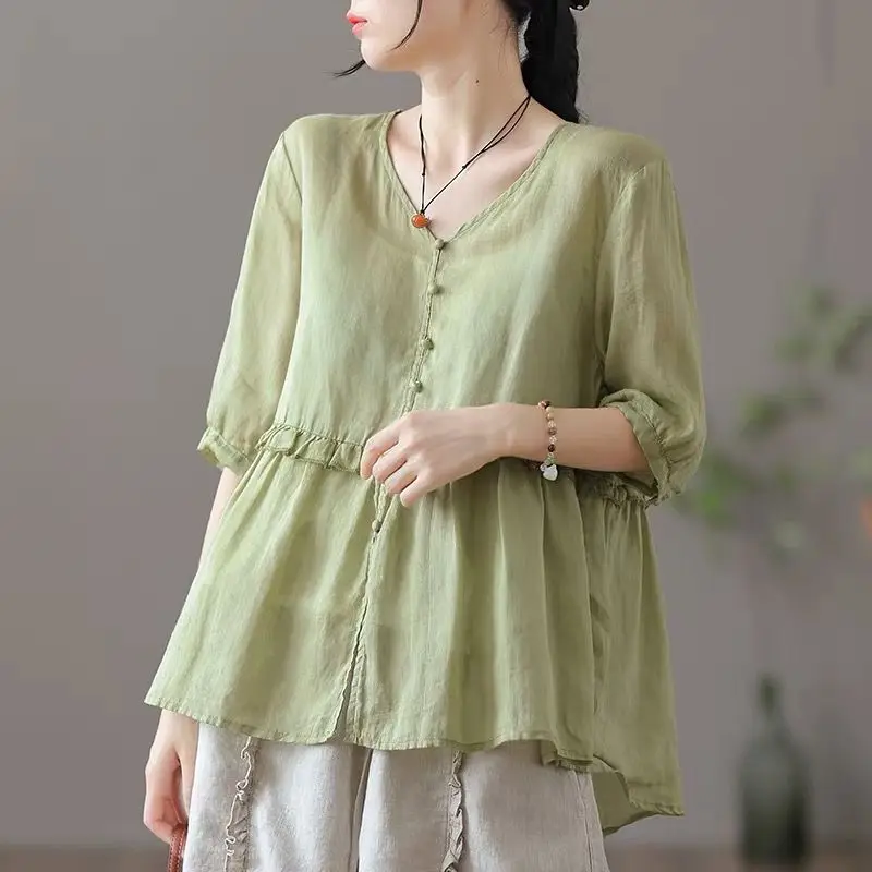 Trend Sweet Fresh Fashion Retro Versatile V Neck Cotton Linen Comfort Leisure Button Half Sleeve Women's Shirt Top Summer 2024