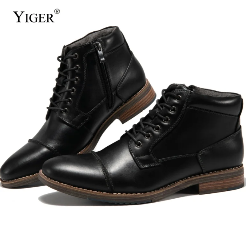 YIGER New Men Ankle Boots Genuine Leather Man Business Boots Male Lace-up Winter Casual shoes Big size High-top men\'s shoes 2024