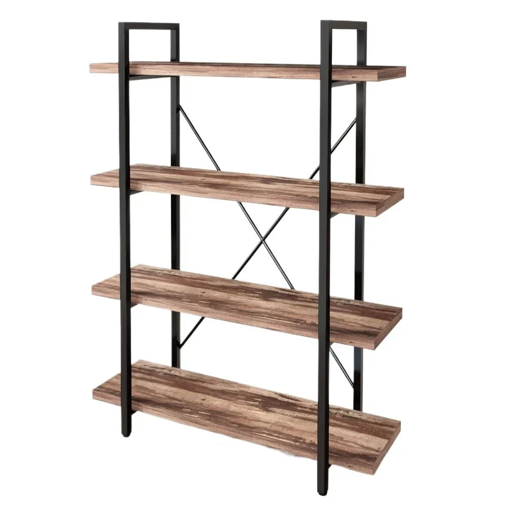 4-Tier Vintage Industrial Style Bookcase/Metal and Wood Bookshelf Furniture for Collection,Vintage Brown, 3/4/5 Tier (4-Tier)