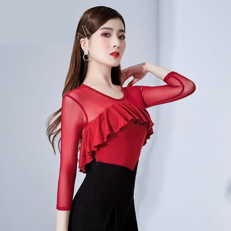 Women Latin Dance Top Summer Ballroom Dance Long Sleeve Practice Clothes Female Tuxedo One-piece National Standard Dance Costume