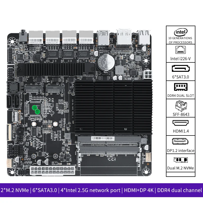 J4125 4X เมนบอร์ด Intel i226-V 2.5g NICS NAS 2x M.2 NVMe หก SATA3.0 2 * DDR4 HDMI2.0เมนบอร์ด DP Mini ITX BOARD