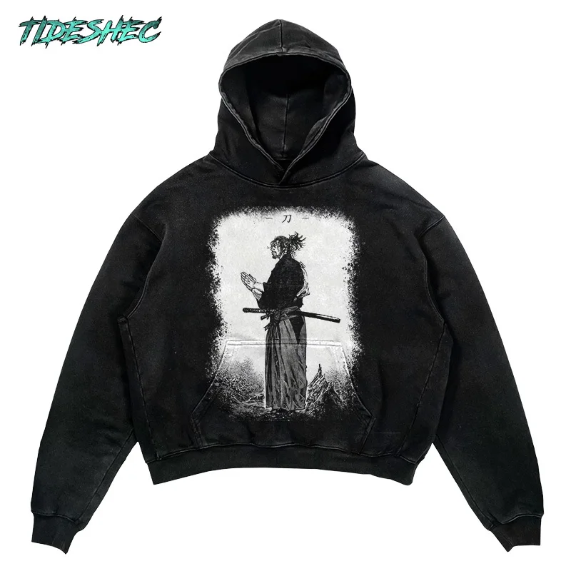 TIDESHEC 2024 Retro Anime Print Hoodie Hip Hop Streetwear Japanese Swordsman Manga Pullover Hoodie LKJX1