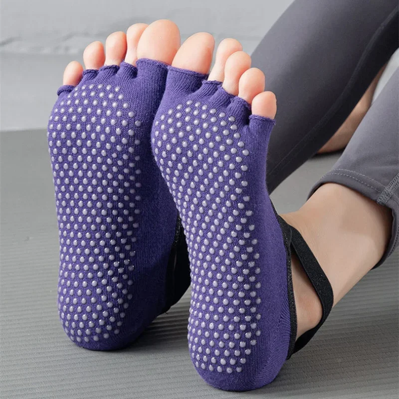 Five Toes Yoga Socks Toeless Silicone Anti-slip Ballet Pilates Socks Cotton Backless Breathable Bandage Gym Dance Sports Socks