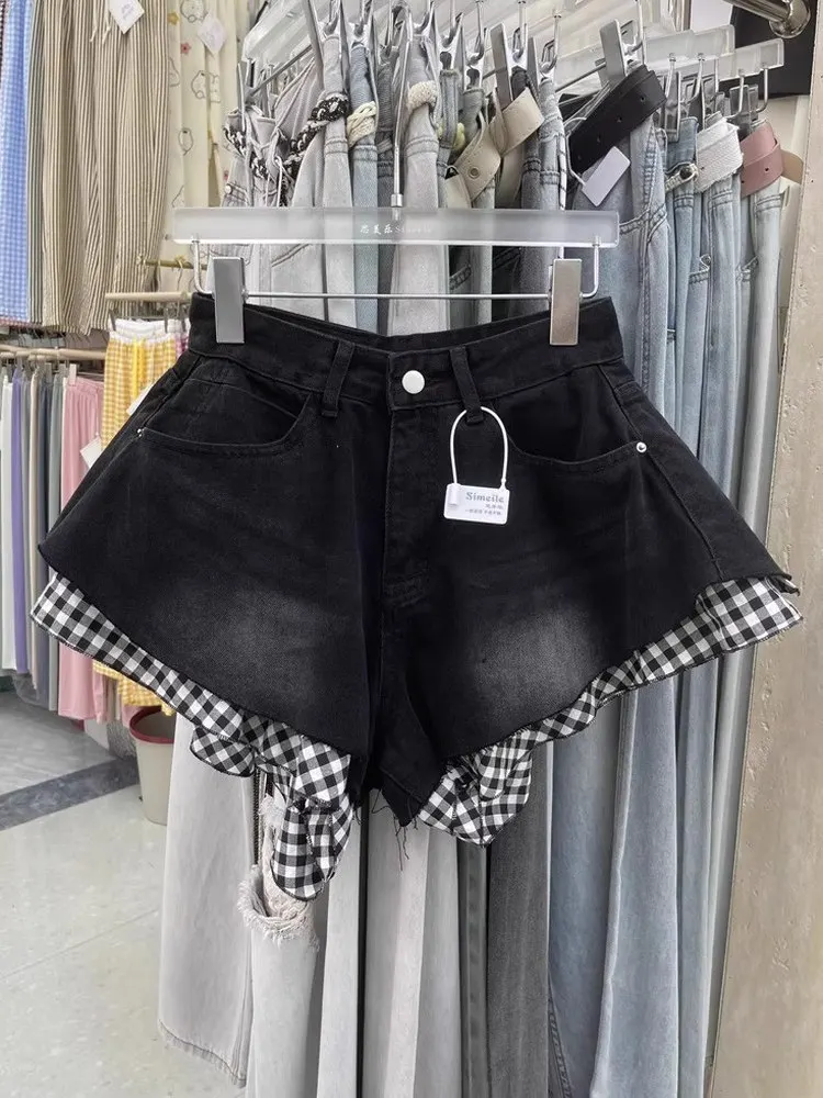 

Summer New Plaid Splicing A-Line Denim Shorts High Waist Wide Leg Hot Pants Skirt Pants for Young Women Casual High Waist