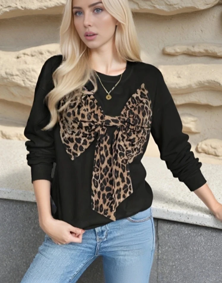

Autumn Street Loose Outwear Tops Leopard Print Bow Long Sleeved Sweater Winter Casual Office O Neck Pullover
