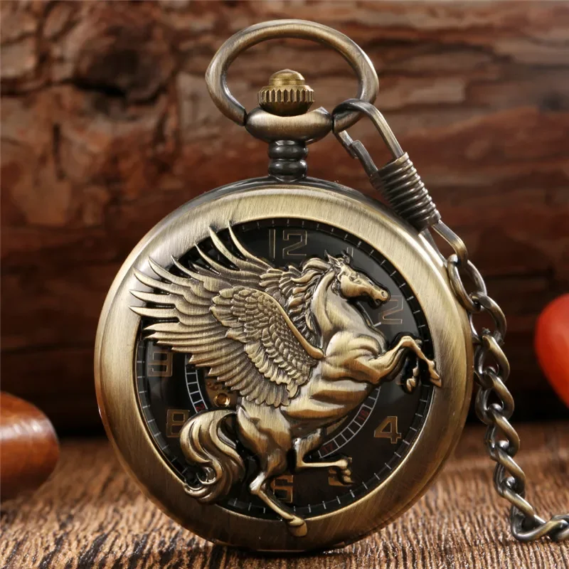 Bronze Unisex Hand-winding Mechanical Pocket Watch Hollow Fly Horse Cover FOB Chain Arabic Numeral Display Timepiece