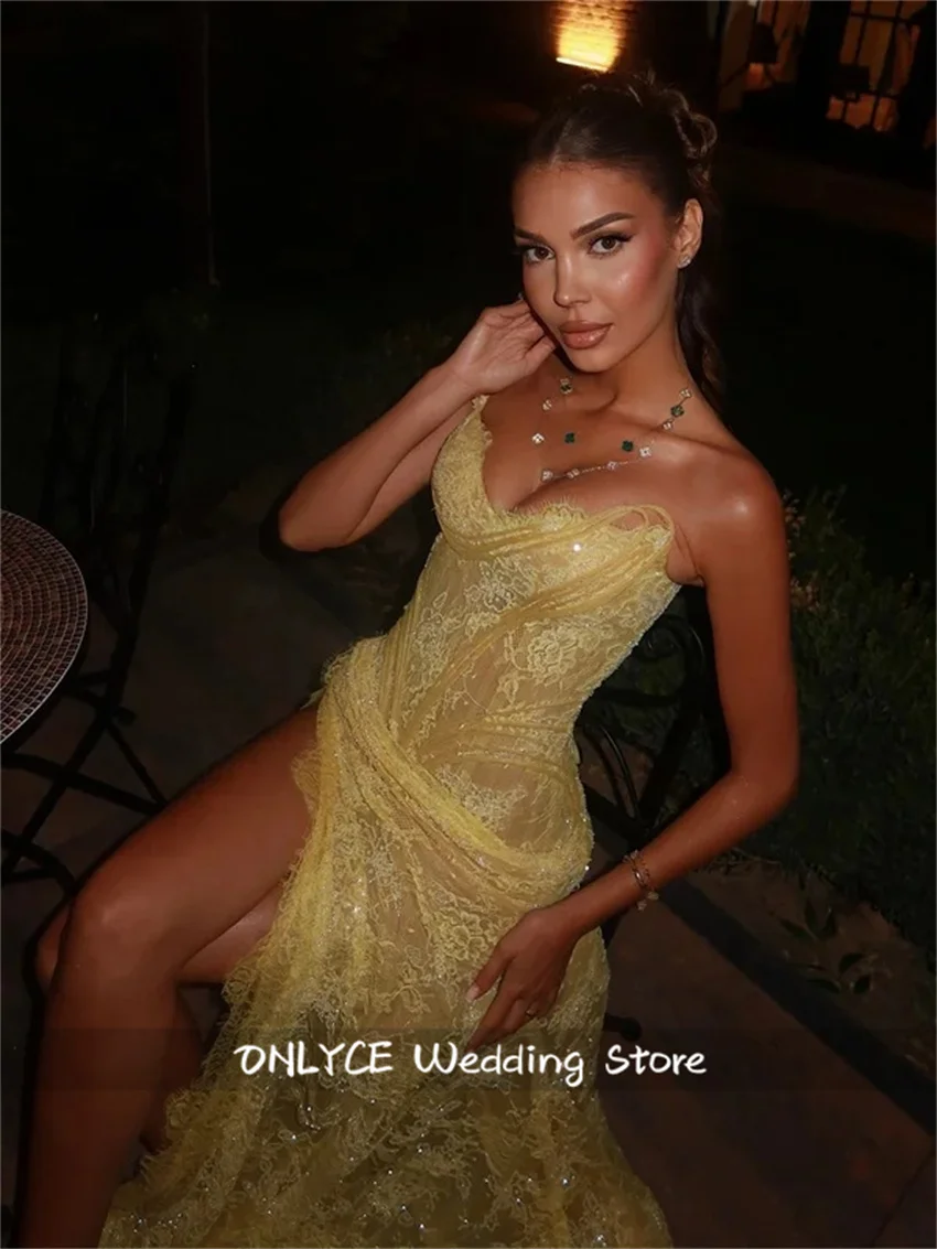 

Luxury Customized Yellow Mermaid Lace-Up Corset Gown Prom Dresses Sequins vestidos de noiva Side Split Formal Evening Party Gown