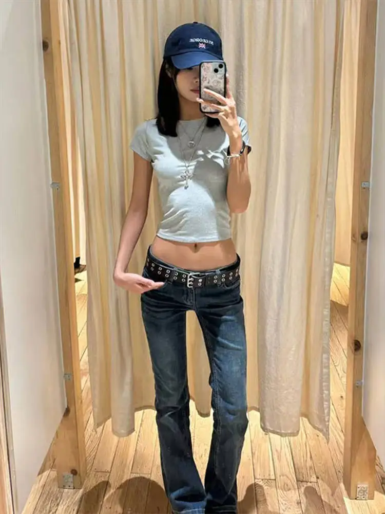 

Low Waist Denim Bell Bottoms Women's Tight Fit Jeans Spring Autumn Winter Trendy Girls Cotton Stretch Denim Zipper Closure