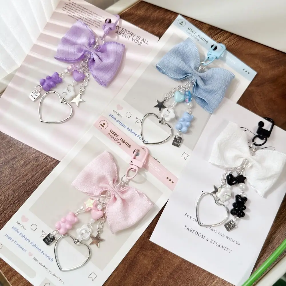 Fashion Wrinkled Bow Design Pearl Heart Little Bear Love weet Pearl Heart Pendant Keyring Handbag Pendant Bag Accessories