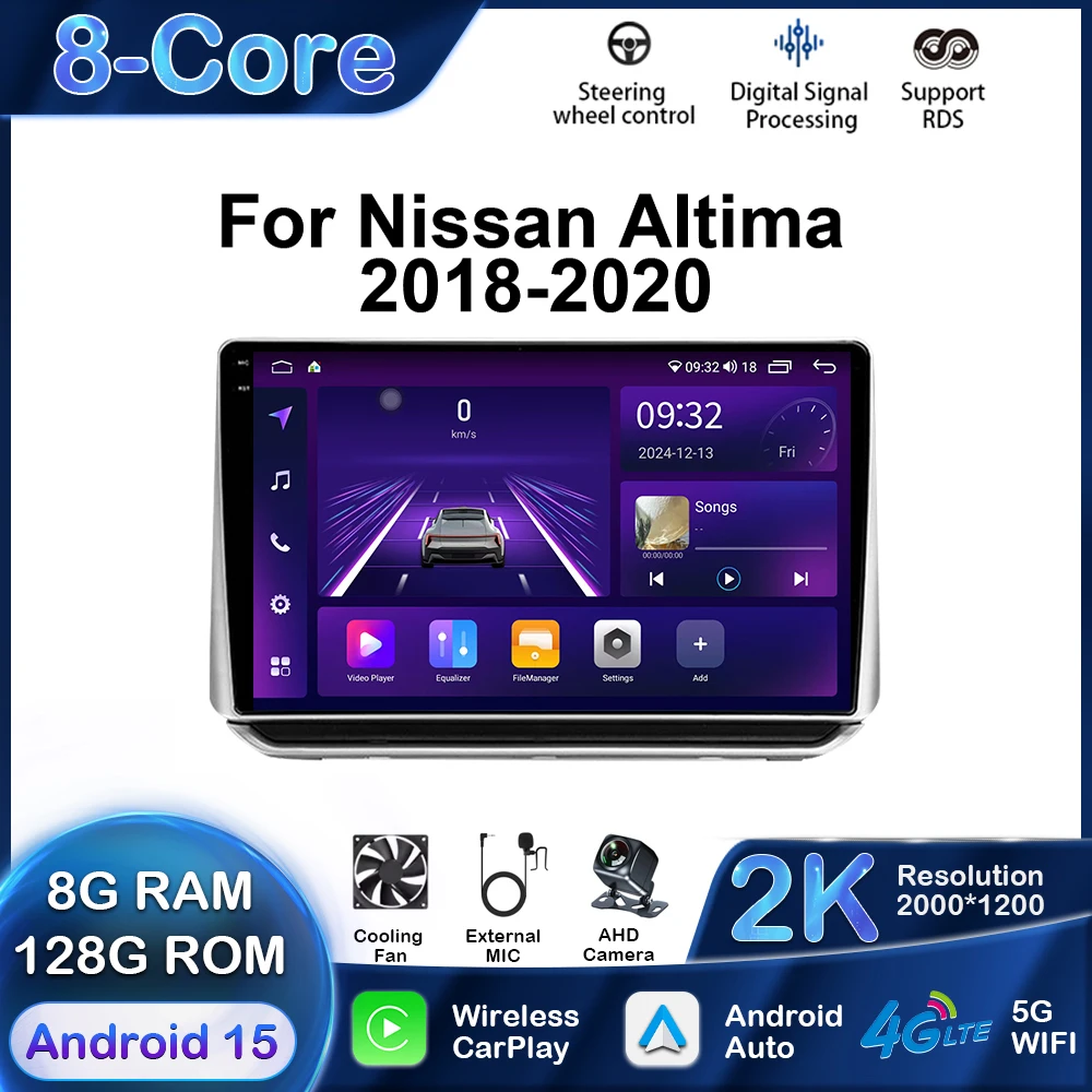 Reproductor Multimedia de coche para Nissan Altima 2018-2020 Android navegación GPS Carplay Auto estéreo Radio estéreo DSP 2Din WIFI QLED