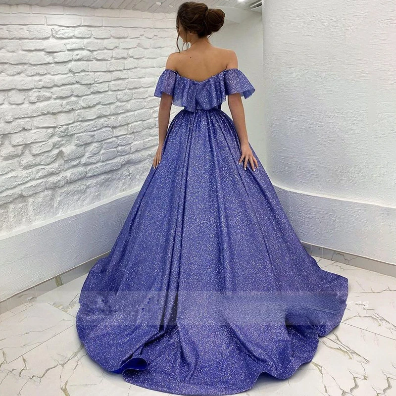 Off Shoulder Sequined Prom Dress Women Formal Party Night Puff Sleeve Zipper A-Line Evening Dress Elegant Vestido De Gala