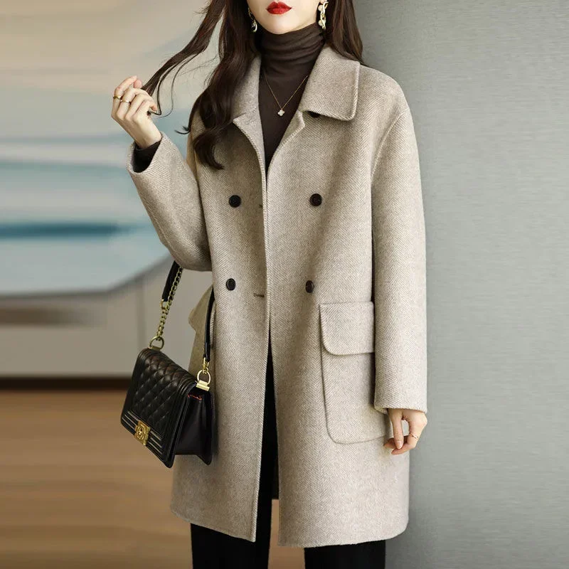 Women's Fashion Autumn/Winter New Style Coffee Color Thickened Woolen Jacket Slimming Medium-Length Overcoat Korean Version