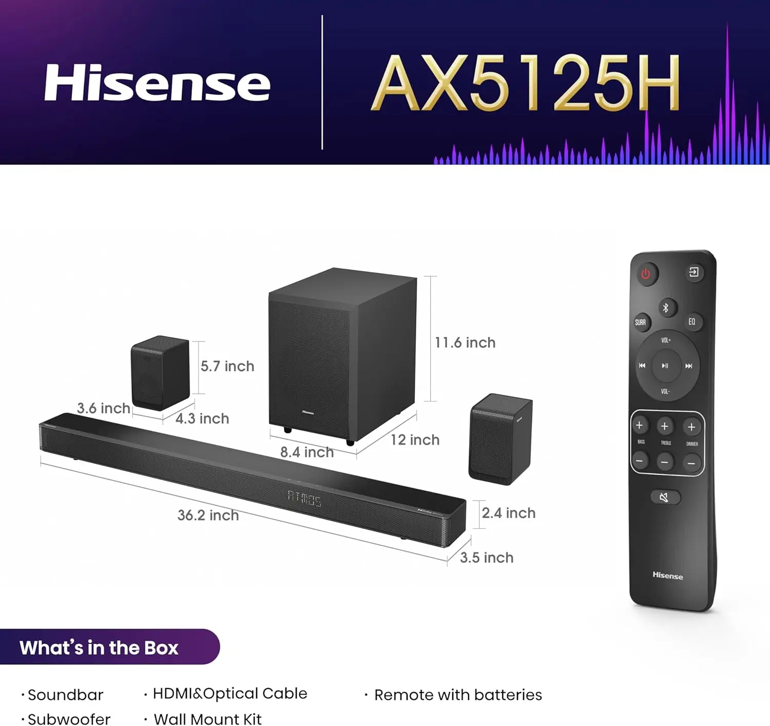 Barra de sonido AX5125H 5.1.2Ch con inalámbrico, 500W, Dolby, Bluetooth 5.3, paso HDMI 4K, Roku