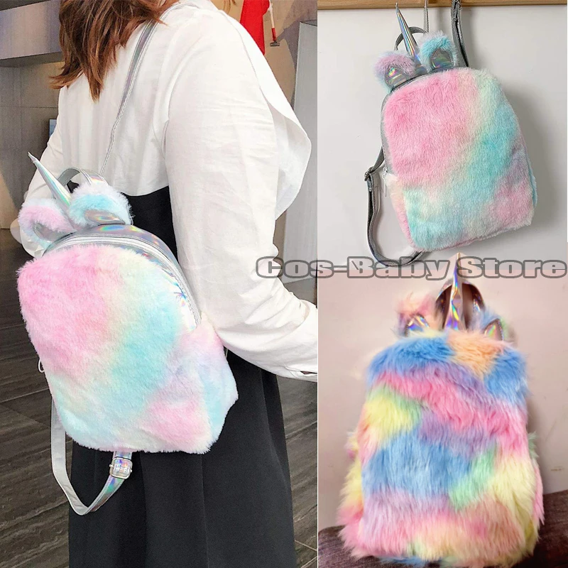 

Fashion ins Girls Backpack Anime Mythical Beast Furry With Ears Horn Colorful Plush Bags Handbag Role Play Schoolbag For Gifts