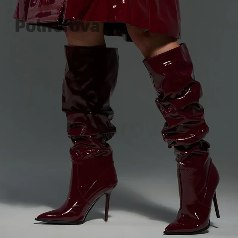 

Burgundy Patent Leather Long Boots for Women Sexy Pointy Pleated High Heels Knee High Boots Slip On Trendy Party Runway Shoes