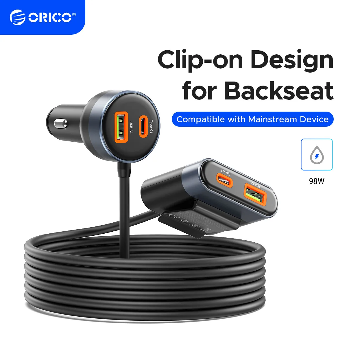 

ORICO 98W Car Back Seat Charger PD3.0 SCP AFC USB Type C Car Charger USB Cigarette Lighter For iPhone Huawei Samsung Xiaomi