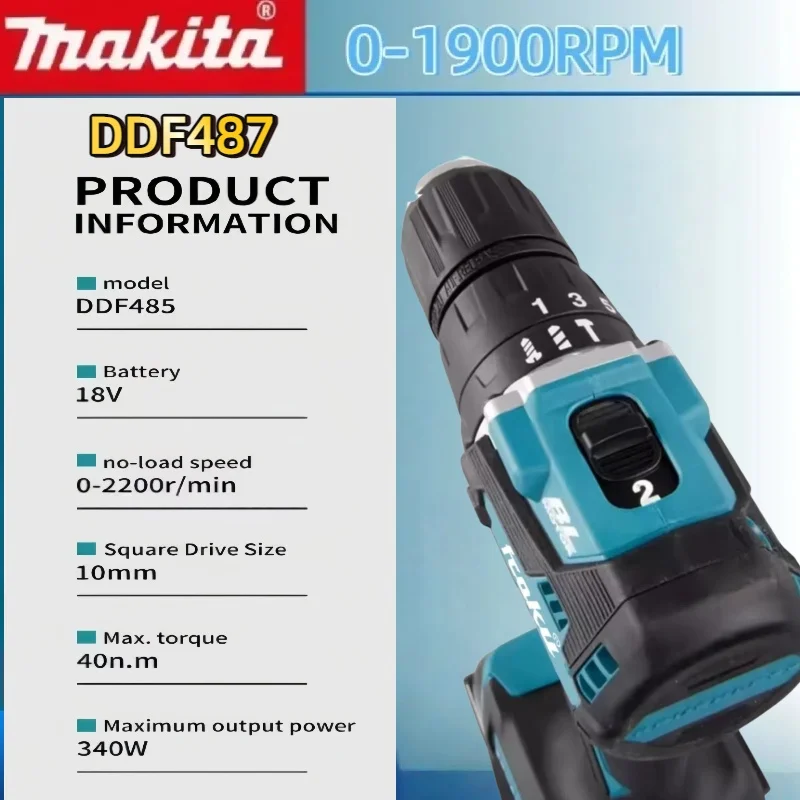 마키타 18V 배터리 DDF487 컴팩트 무선 해머 드릴 가변 속도 전동 공구 충전식 브러시리스 드릴