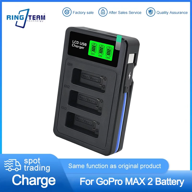 3-Bay USB Triple Battery Charger for GoPro MAX2 LCD Display Charging Station Power Bank Wall Charging Compatible with GOPRO MAX2