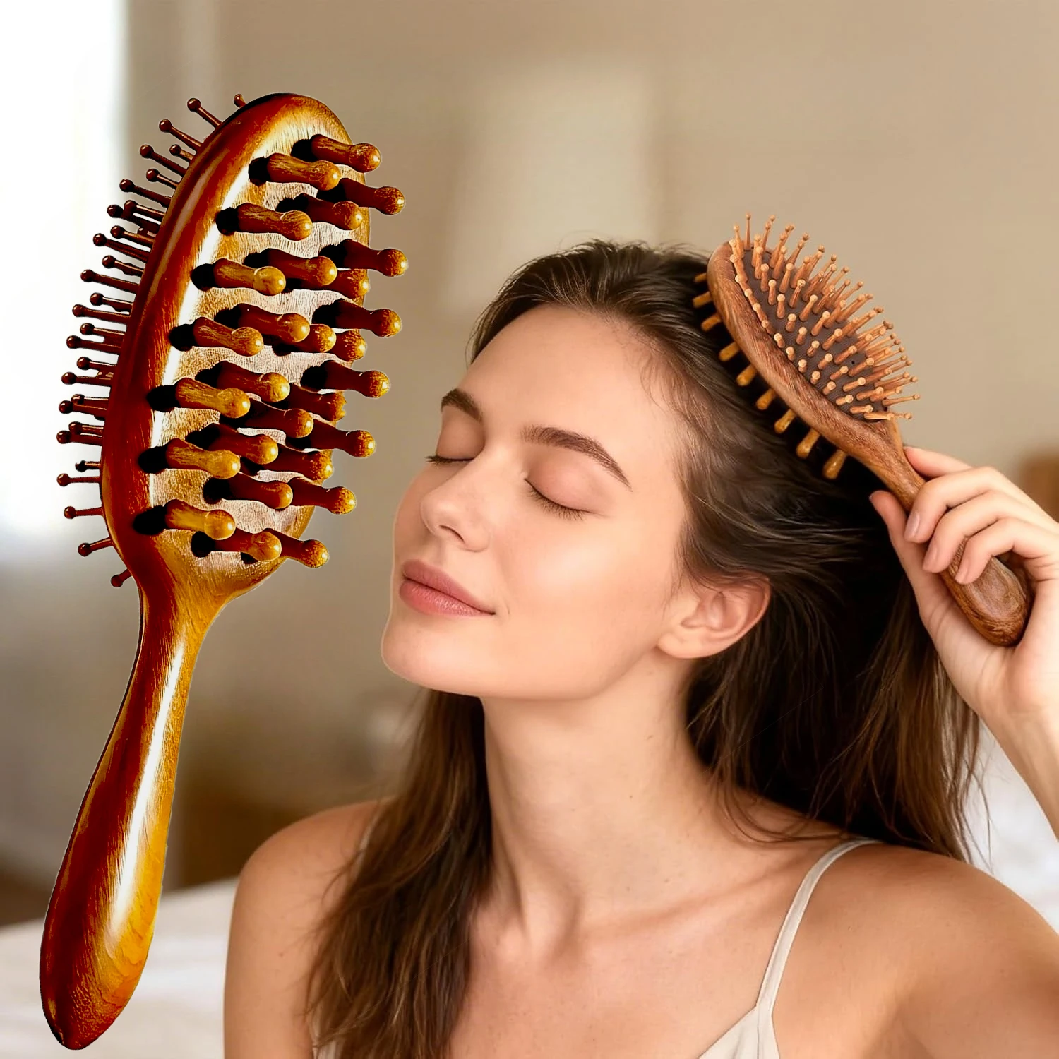 Holzhaarbürste & Kopfhautmassagegerät 2-in-1 Entwirrbürste für Haare, Gesicht, Nacken und Schultern, antistatisch & frizzfrei