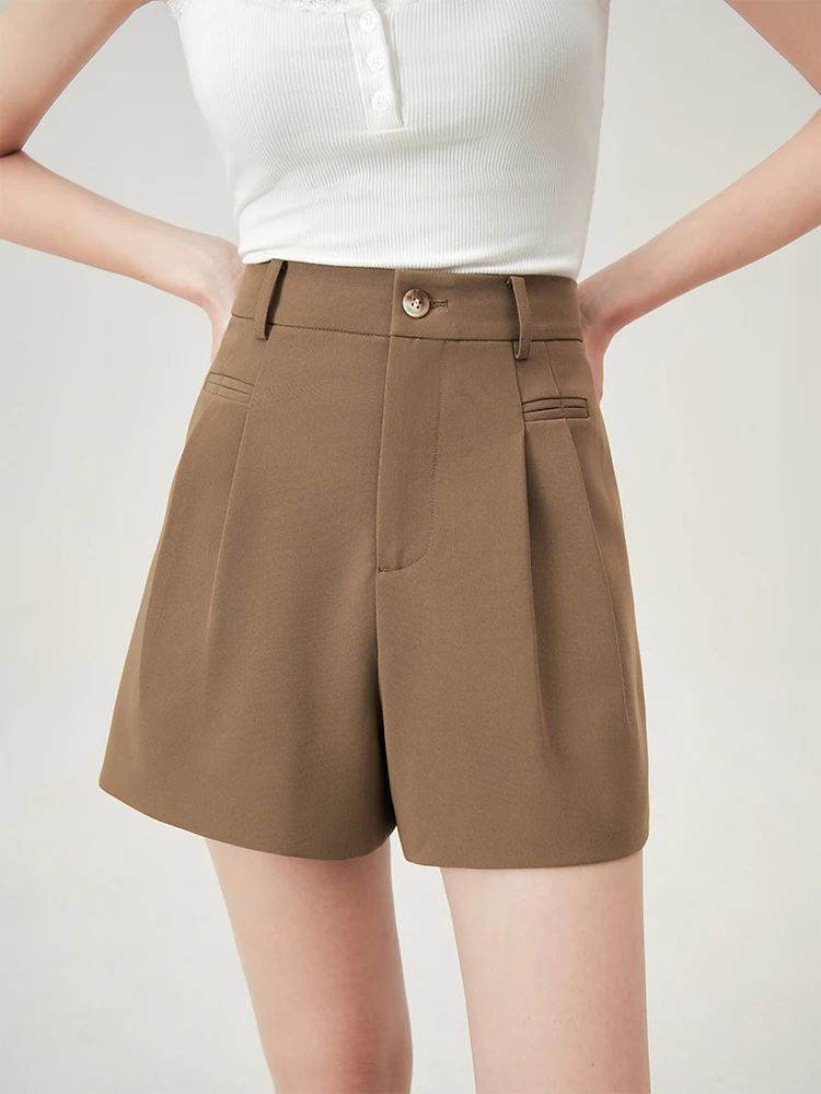 

FSLE Women Summer Shorts Female Suit Brown Shorts High Waist Pleated Design Women Twill Black Shorts Beige Bottoms 24FS12903