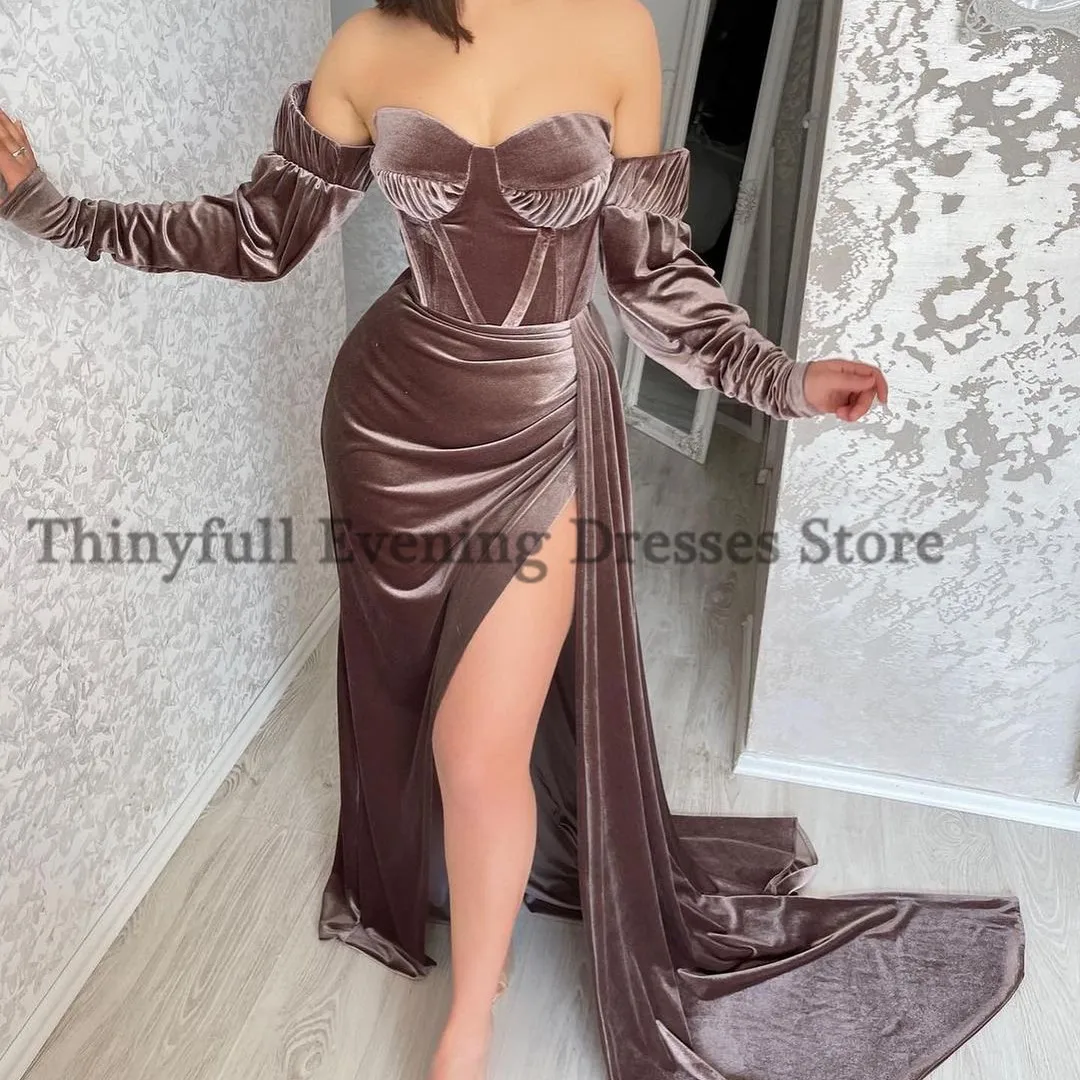 Thinyfull Sexy Mermaid Avondjurk Off Shoulder Velvet Prom Dresses Side Slit Floor Lengte Saudi Arabië Partij Jassen Plus Size