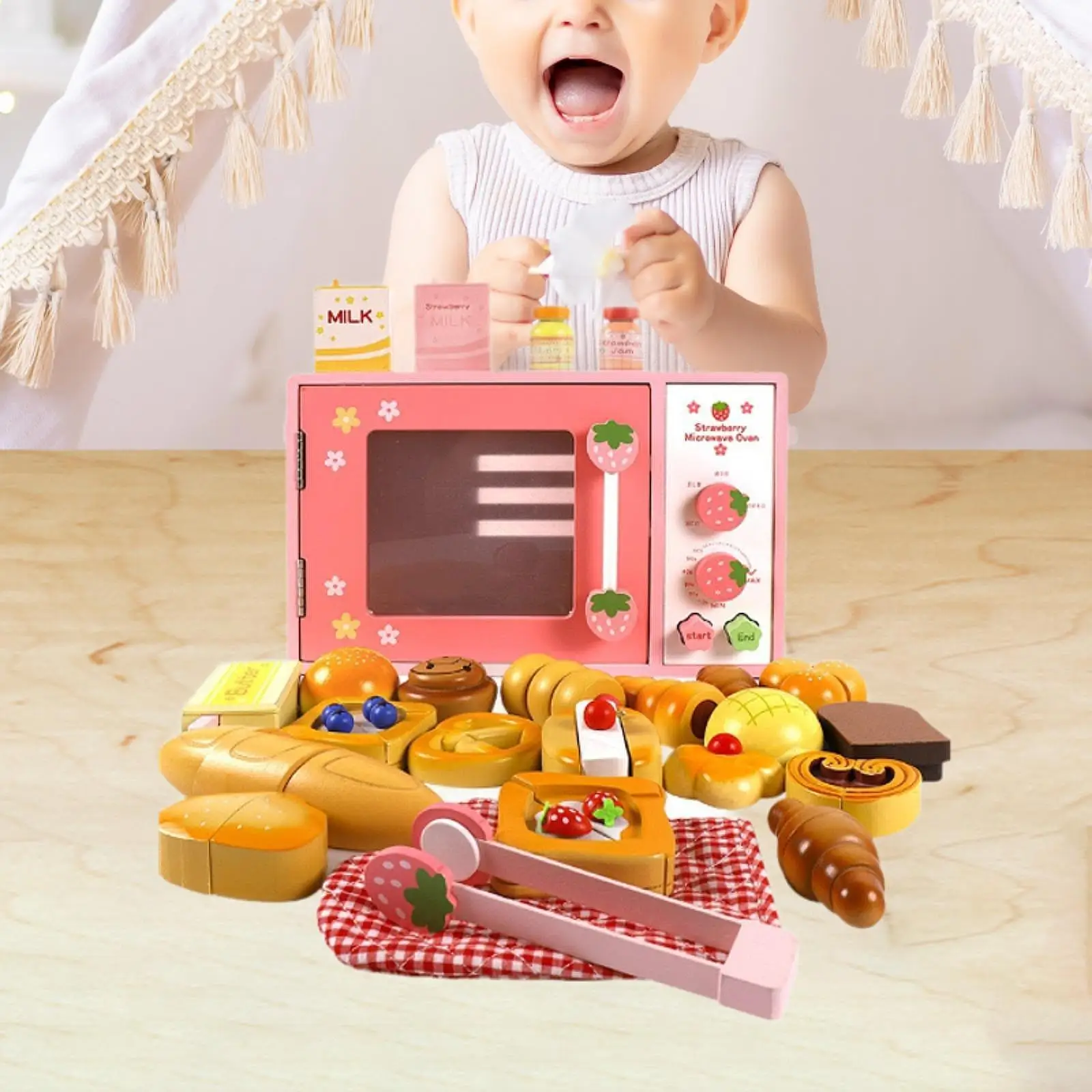 

Kids Wooden Microwave Oven Toys with Bread Food Toys, Educational Toys Pretend Play Learning Toy for 3-8 Year Old Toddlers