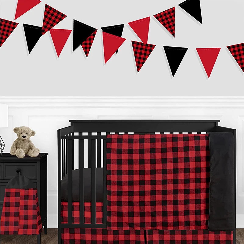 Black Red Buffalo Plaid Fiesta Birthday Banner Triangle Flag Decorations Xmas Bachelorette Paper Circle Dot Garland Streamers