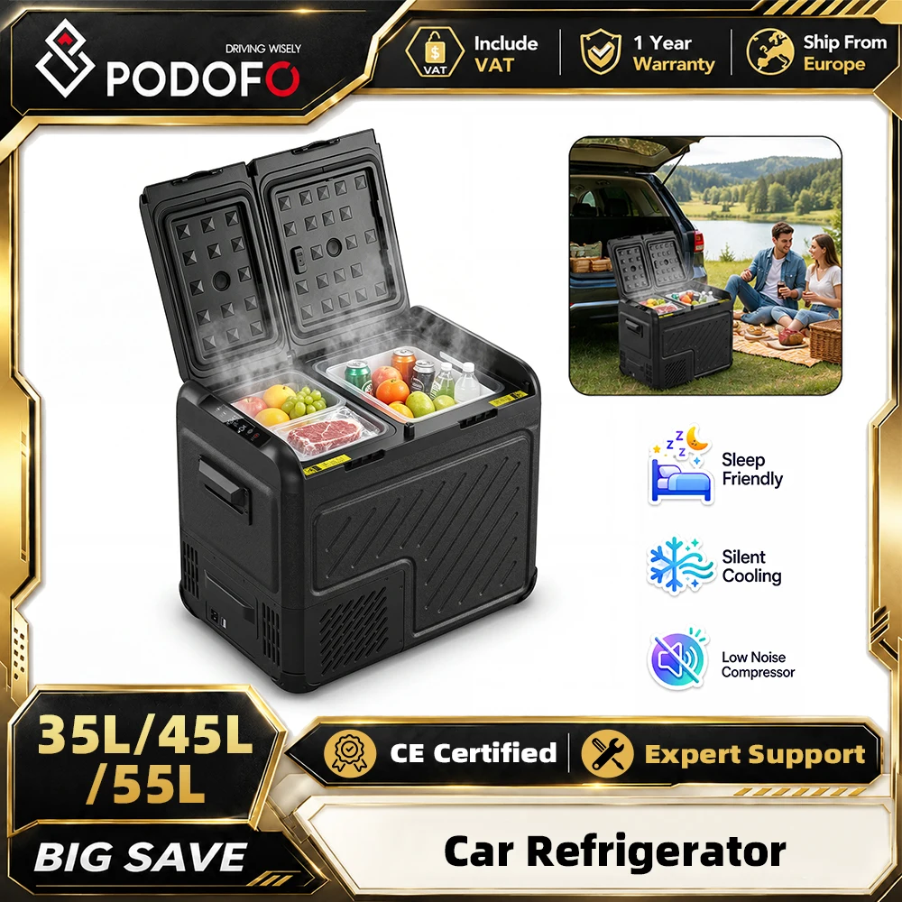 Podofo 35L/45L/55L Mini-Autokühlschrank, tragbarer Kompressorkühler, 12/24V DC 110-240V, Kühlbox für Fahrzeuge, Reisen, Camping, Auto-Kühlschrank, leiser Betrieb, LED-Licht, Kühlbox
