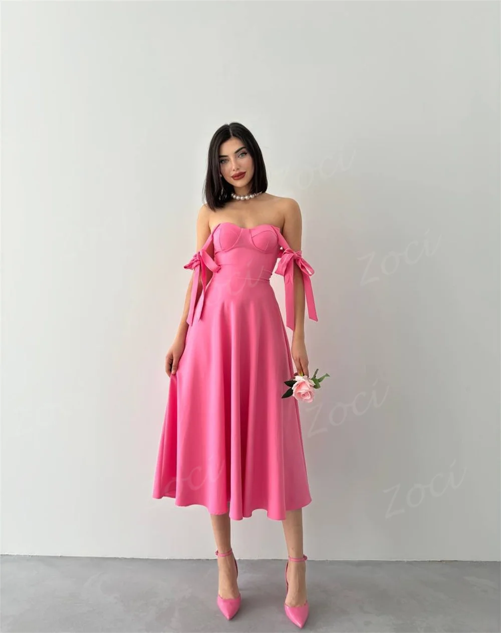 Zoci Sweetheart A Line Prom Dresses Customized Draped Satin Short Evening Party Gowns Tea Length Formal Occasion Party Dress