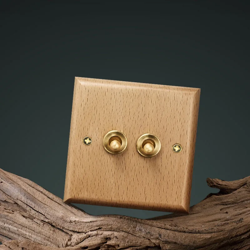 Solid wood panel switch socket brass lever wall light switch retro style 1Gang2Way emergency alarm switch solid wood wall switch