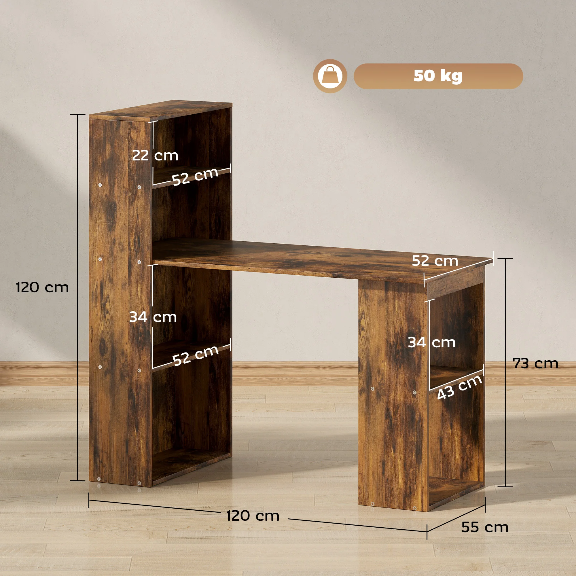 HOMCOM 120 سم مكتب كمبيوتر رف كتب طاولة كتابة 6 أرفف #3