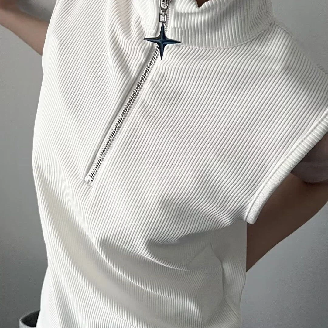 Camiseta sin mangas gótica para hombre y mujer, estilo Harajuku Punk Vintage, con cuello alto y cremallera, ropa de calle, camisetas sin mangas Y2k, camisolas estéticas de color liso