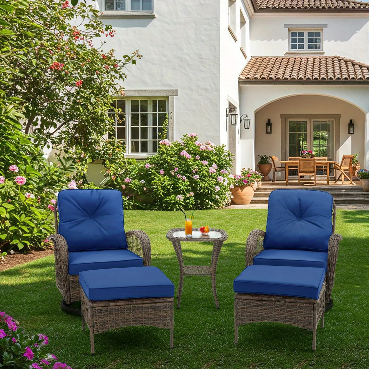 

5-Piece Outdoor Wicker Patio Set with Swivel Rocking Chairs & Ottomans - All-Weather Conversation Furniture Navy Blue