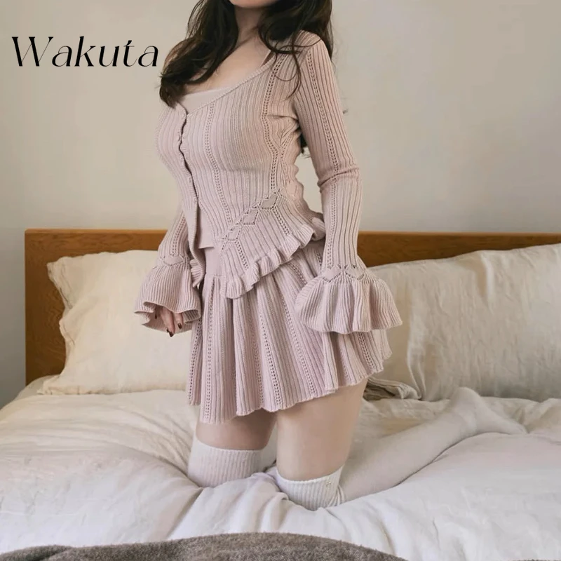 WAKUTA Japanese Elegant Sweet 2025 Spring Ear Edge Knitted Casual Long Sleeve Ladies' Niche A-line Short Skirts Y2k Sets Платье