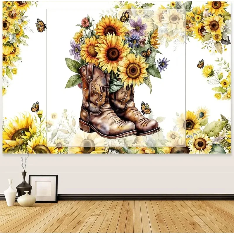 VIKAMA Western Cowboy Boots Tapestry Sunflower Butterfly Floral Wall Hanging Retro Country Style Art Tapestry for Bedroom Living
