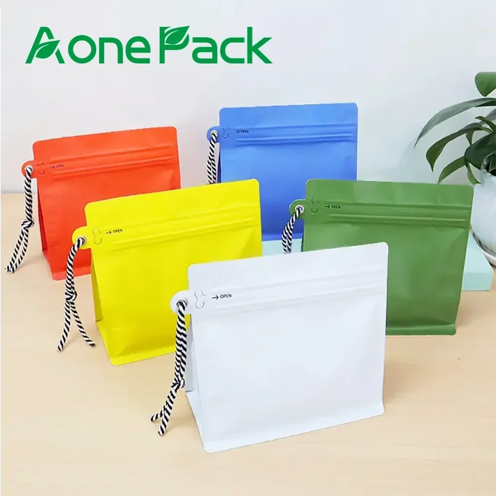 50pcs Resealable Aluminum Foil Hanging Rope Coffee Bean Powder Food Box Bottom Ziplock Packaging Bag with Valve 150g 250g 500g