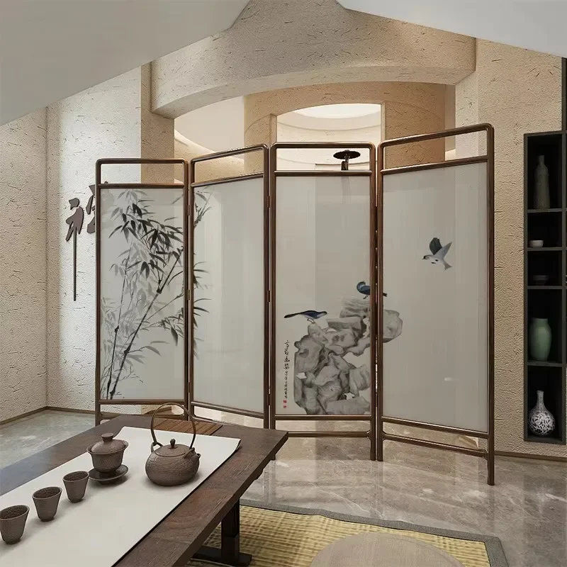 New Chinese Bamboo Pattern Home Solid Wood Foldable Mobile Screen for Study Room Tea Room Bathroom Corridor Partition