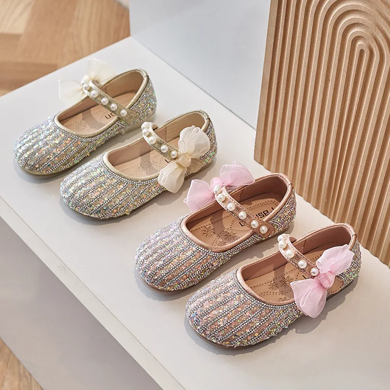 Nuove scarpe in pelle con paillettes per bambini ragazze principessa strass Bowknot scarpe dolce moda bambini ballerine scarpe da festa J221