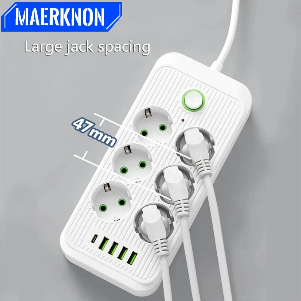 EU Plug 6/8AC Outlets Multitap Socket Extension Cord Electrical Power Strip with 4 USB 1 Type C Network Filter Fast Charging