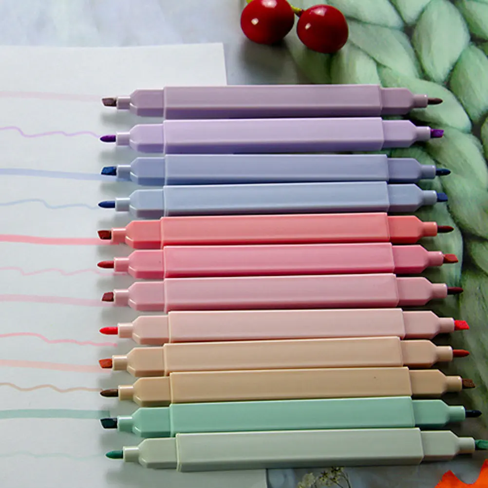 

12Pcs Fluorescent Highlighters Double-Ended Colorful Marking Pens for School Office Scrapbook Portable Multi-Function Book