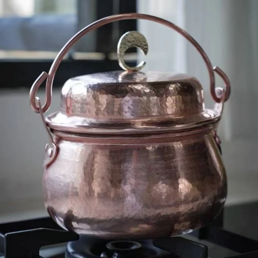 

Handcrafted Vintage Copper Pot,Portable Camping Pot With lid Cooking Utensil Simmering Food Stewing,15 cm Hammer Texture Pot