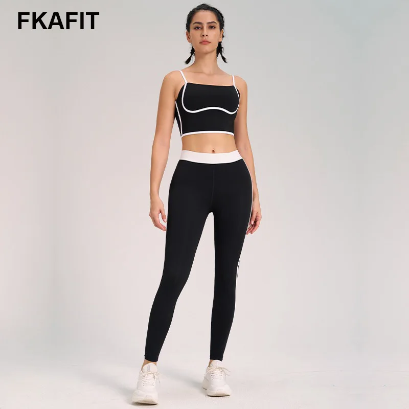Zestaw do jogi dla kobiet, biustonosz sportowy, legginsy, dwuczęściowy zestaw, paski, bloki kolorów, sportowy dres fitness, pilates, trening, odzież sportowa