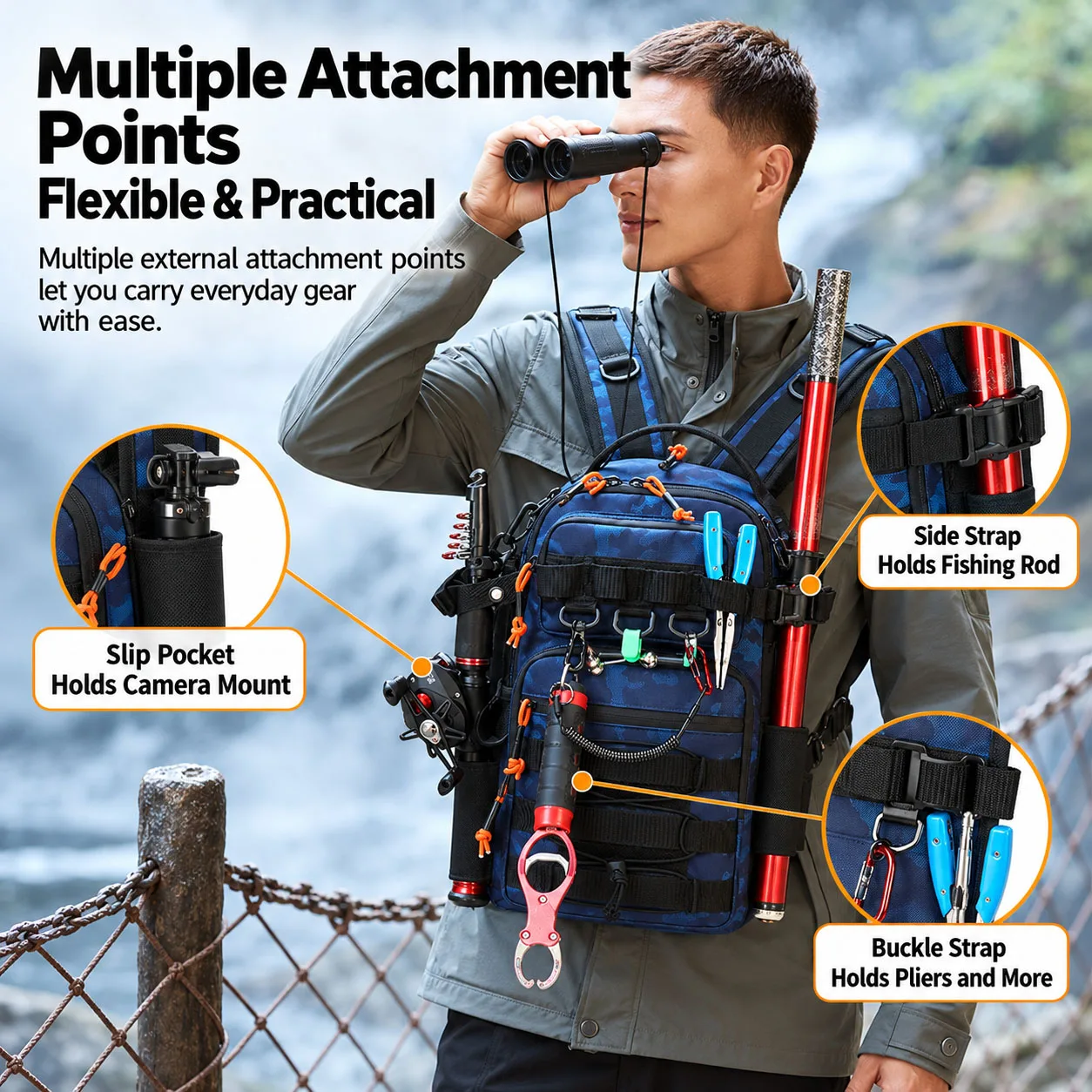 Fishing Backpack Large Capacity Dual Shoulder Tackle Bag Water Repellent Rod Holder Outdoor Pack for Hiking Travel Angling Men