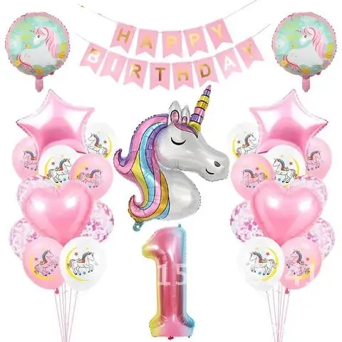 28Pcs Rainbow Unicorn Balloon Number Globos for Girls First Birthday Party Decoration 1 2 3 4 5 Years Old Birthday Balloon Decor