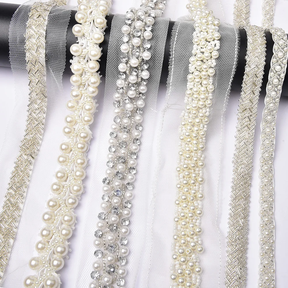 Pearl Beaded rhinestone Trims Sew on Mesh Lace Ribbon Banding Garment Applique DIY hair Clothes Wedding Dress Belt Accessories