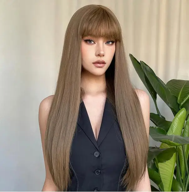 Wig sintetis lurus panjang rambut cokelat muda dengan poni Wig coklat alami untuk wanita putih tahan panas pesta Cosplay harian