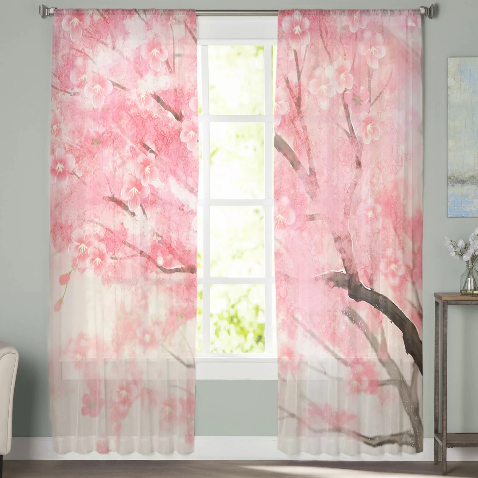 Pink Cherry Tree Sheer Curtain for Living Room Bedroom Voile Drape Kitchen Window Tulle Curtains Home Essentials