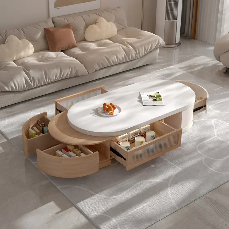Log cream wind oval rock slab retractable coffee table TV cabinet combination household living room simple