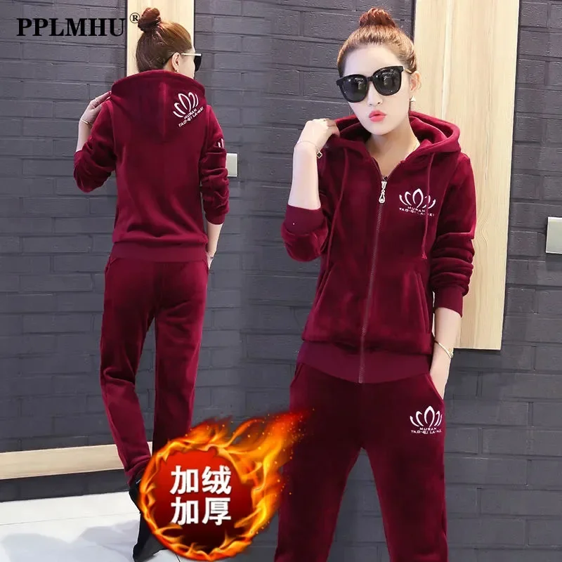 Fashion Winter Embroidery Velvet 2 Pieces Sets Women Thicken Hooded Casual Jackets Tracksuit Mom Plush Straight Pants Suit